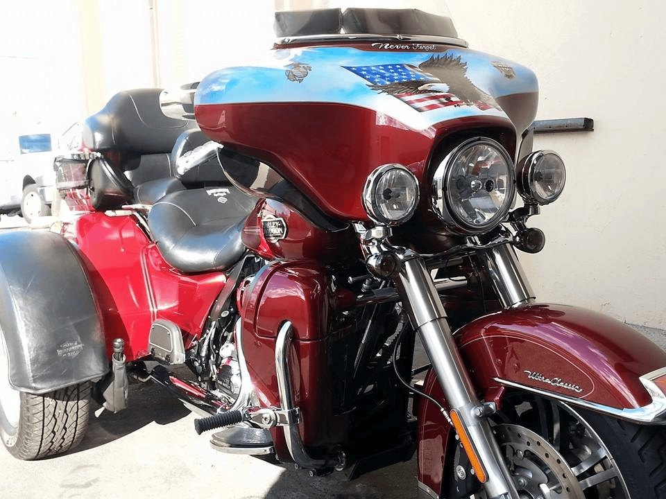 Red and silver Harley trike after detailing